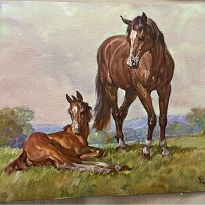 Beautiful horse art horses mother and baby mate and foal Equine Art Print Brown